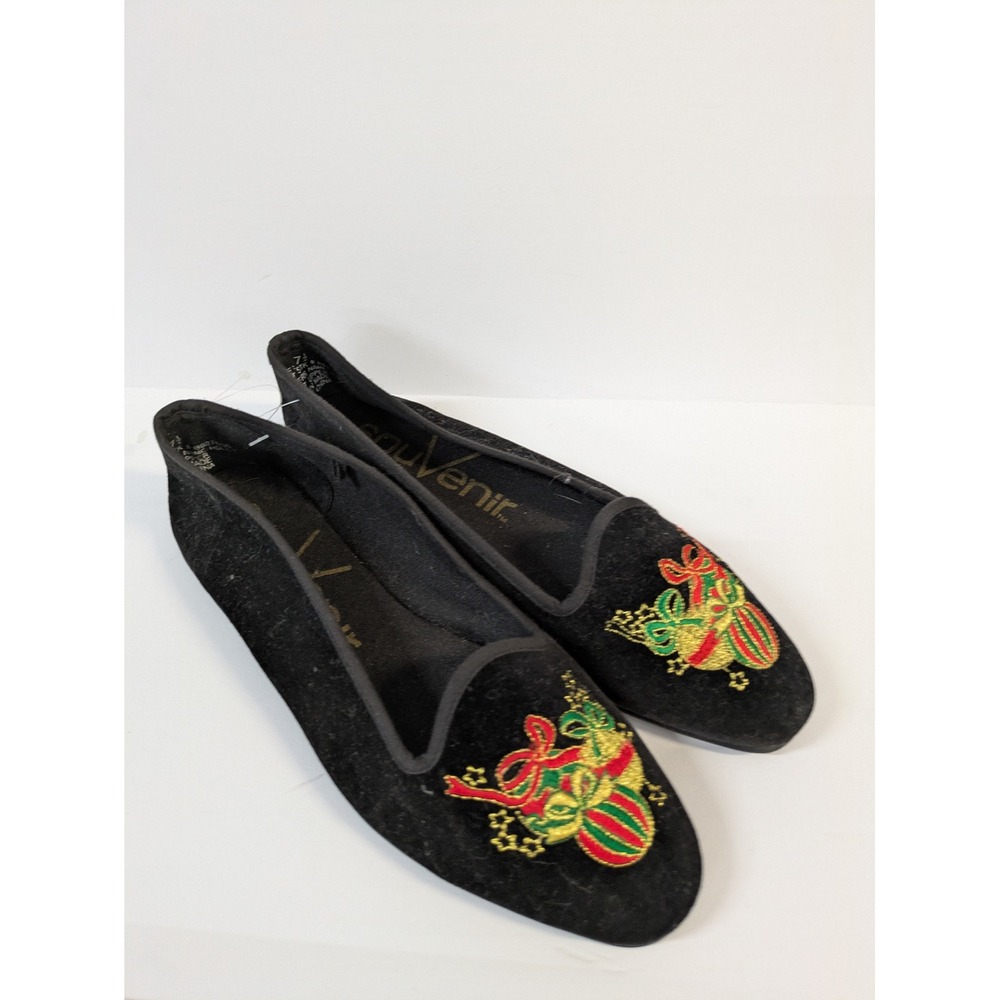 Souvenir Womens Black Velvet Christmas Ornament Embroidered Loafers Flats 7.5